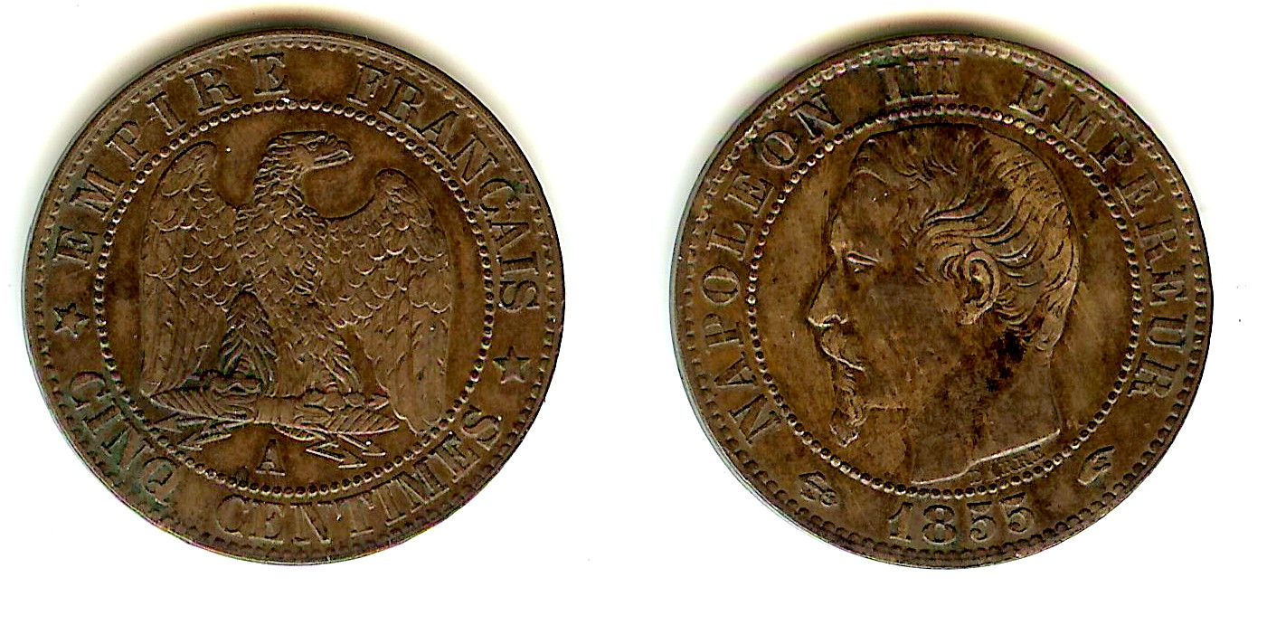 Cinq centimes Napoléon III, tête nue 1855 Paris TTB+